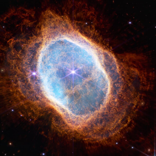 NASA's James Web Space Telescope's image of
                        Southern Ring Nebula, a dying star located 2,000 light-years away from Earth
                        in the constellation Vela. It is expelling a colorful  
                        gas cloud that will eventually expand and fade away into space.